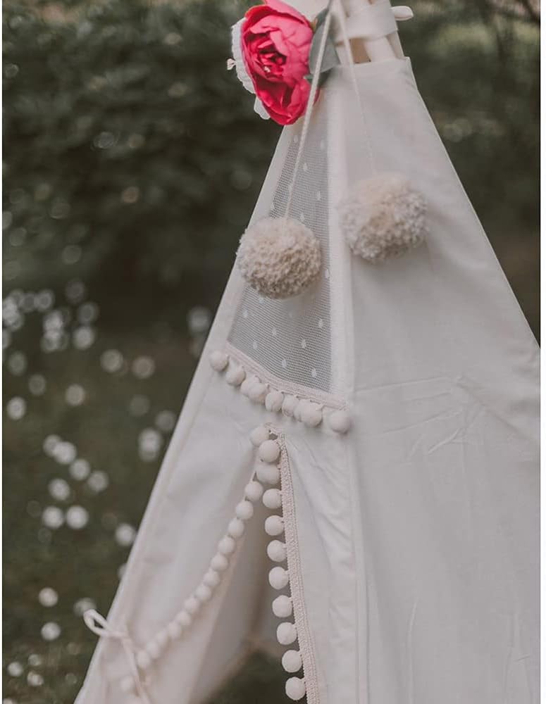 RONG FA Kids Teepee Tent- Foldable Teepee Play Tent for Boys and Girls, Indoor/Outdoor Cotton Canvas Tent (Lace White Pompom)