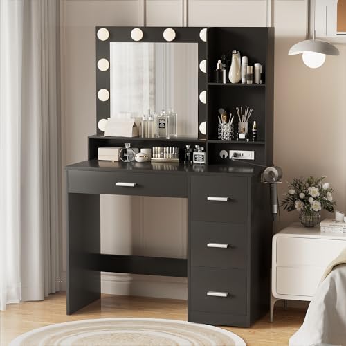 YESHOMY Vanity Desk with Mirror, Power Outlet and 10 Lights, Makeup Table with 4 Drawers, 3 Color Modes Available for Bedroom, White
