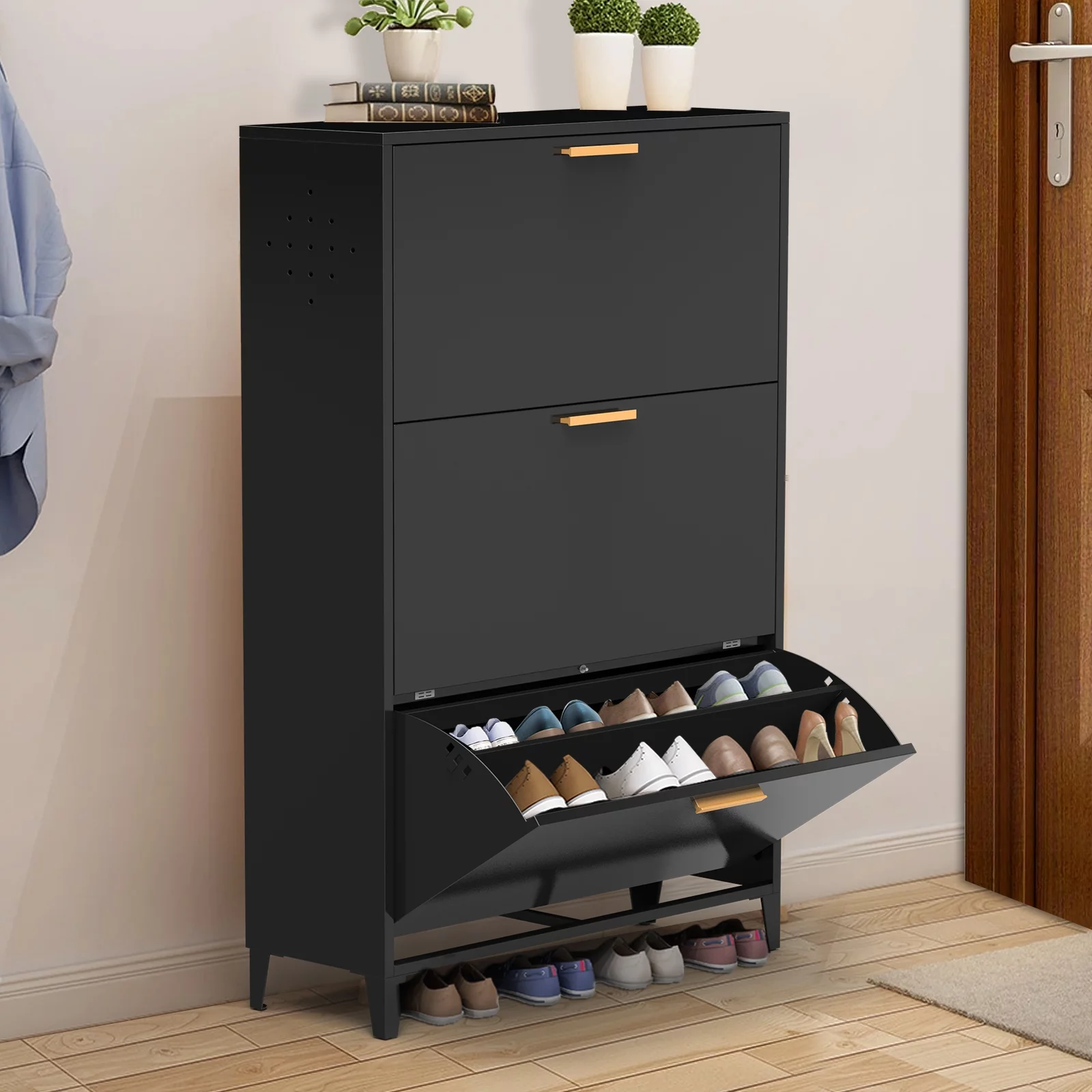 Royard Oaktree Shoe Cabinet Freestanding Metal Shoe Storage Cabinet with 3 Flip Drawers Modern Narrow Shoes Organizer Large Shoe Rack for Entryway