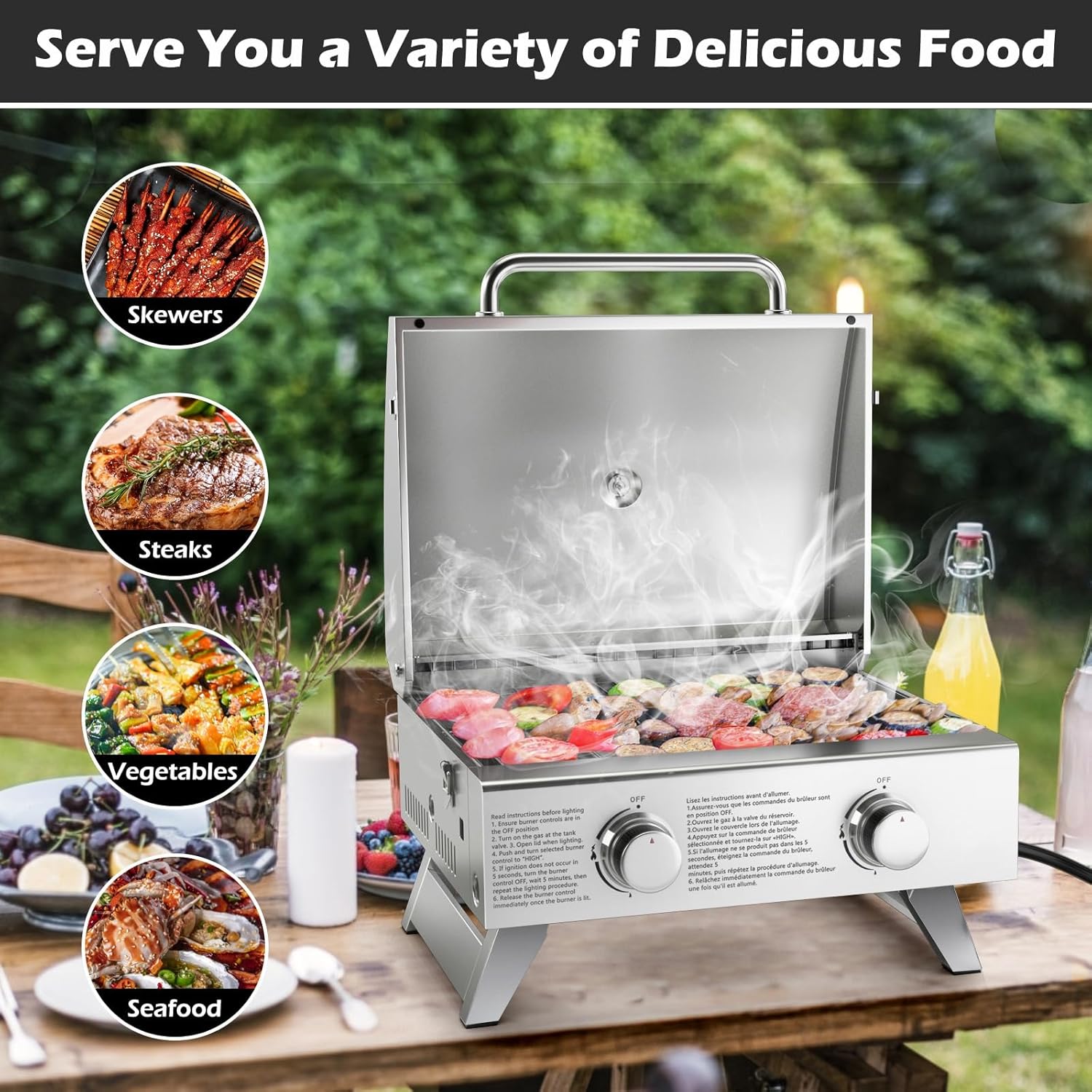 Giantex Portable Gas Grill - Tabletop Propane Grill with 2 Burners, 20,000 BTU total, Built-in Thermometer, Foldable Legs, Regulator Hose
