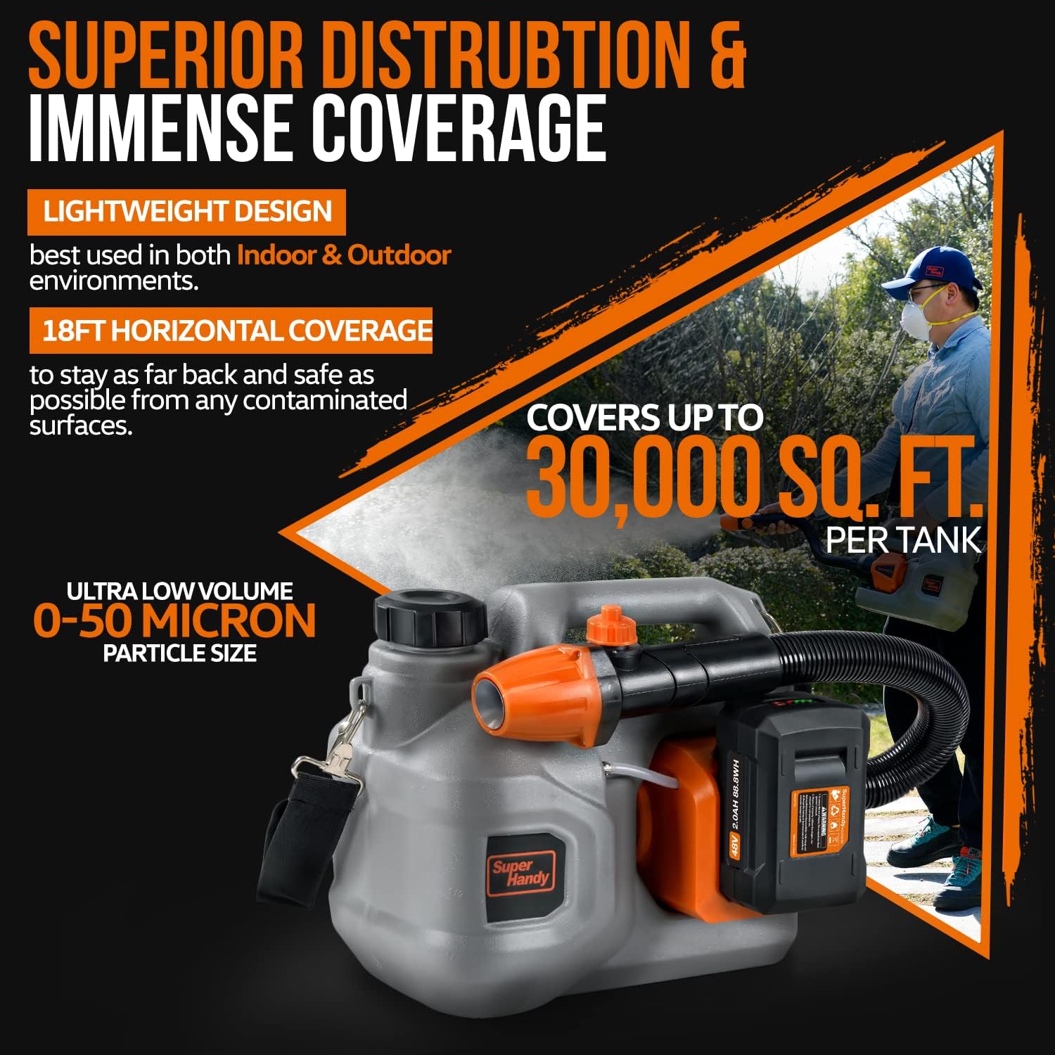 SuperHandy Electrostatic/ULV Fogger Sprayer, Side Carry LITE, 1.3Gal 5L, 48V Battery, for Lawn & Garden, Hydroponics, Disinfectant