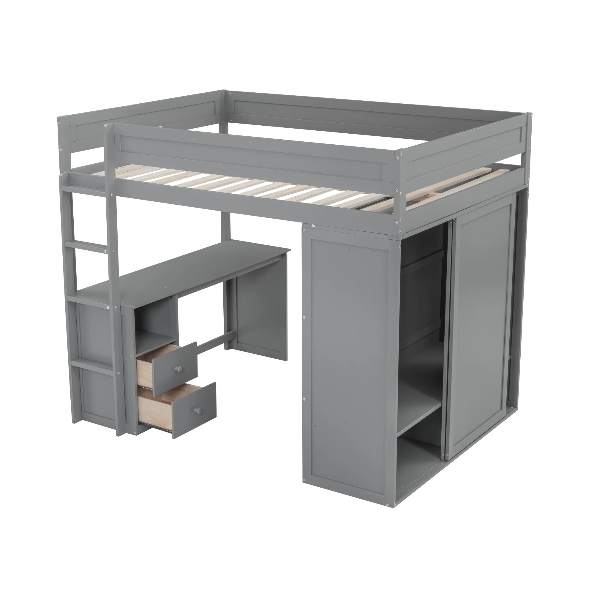 EUROCO Wood Full Size Loft Bed, Storage Desk and Drawers, Wardrobe with Clothes Hanger and Sliding Door for Living Room, Gray - Radiant Selections
