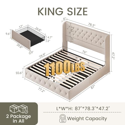 King Size Bed Frame with 4 Storage Drawers and Tufted Headboard Linen Upholstered Platform Bed Frame Wingback Beds with Wooden Slats Support