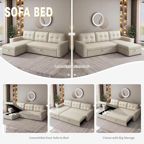 Ball & Cast Convertible Sofa Bed with Reversible Storage Chaise,Linen Sleeper Sofa Couch L Shaped Pull Out Couch Bed