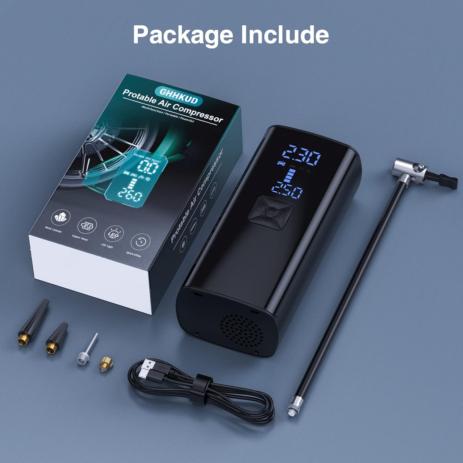 GHHKUD Portable Tire Inflator Air Compressor, Mini Inflator Electric Pump with Large Battery for Car