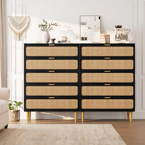 Rattan 5 Drawer Dressers for Bedroom, Tall Dresser with Deep Drawers, Large Chest of Drawers for Closet with Wide Top