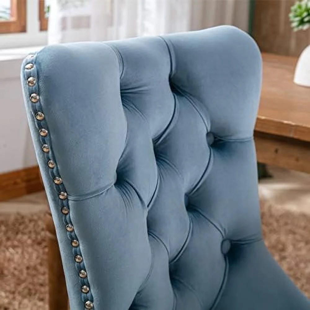 TJUNBOLIFE Velvet Dining Chairs   Upholstered Dining Room Chairs  Tufted Dining Chairs with Solid Wood Legs  Nail Heads and Ring Pull for Kitchen
