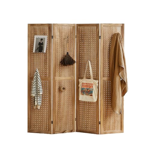 4 Panel Room Dividers and Folding Privacy Screens, 5.6Ft Wooden Pegboard Display, Privacy Dividers for Bedroom