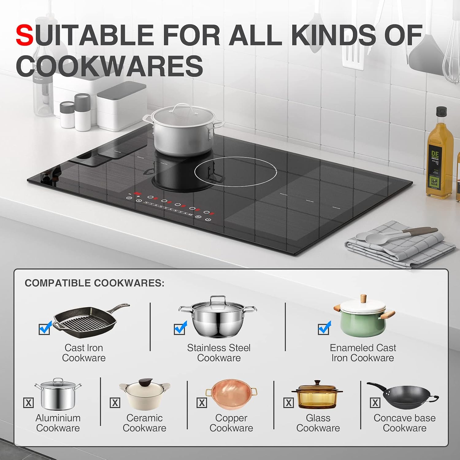 Induction Cooktop 30 inch,Electric Cooktop 5 Burners 9000W 220v,Electric Stove Top Countertop and Built-in with 2 Bridge Zones,9 Heating Levels
