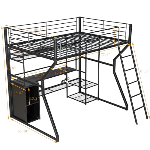 Bellemave Full Size Loft Bed with L-Shaped Desk, Full Metal Loft Bed with 6 Storage Shelves, LED Light, Charging Station