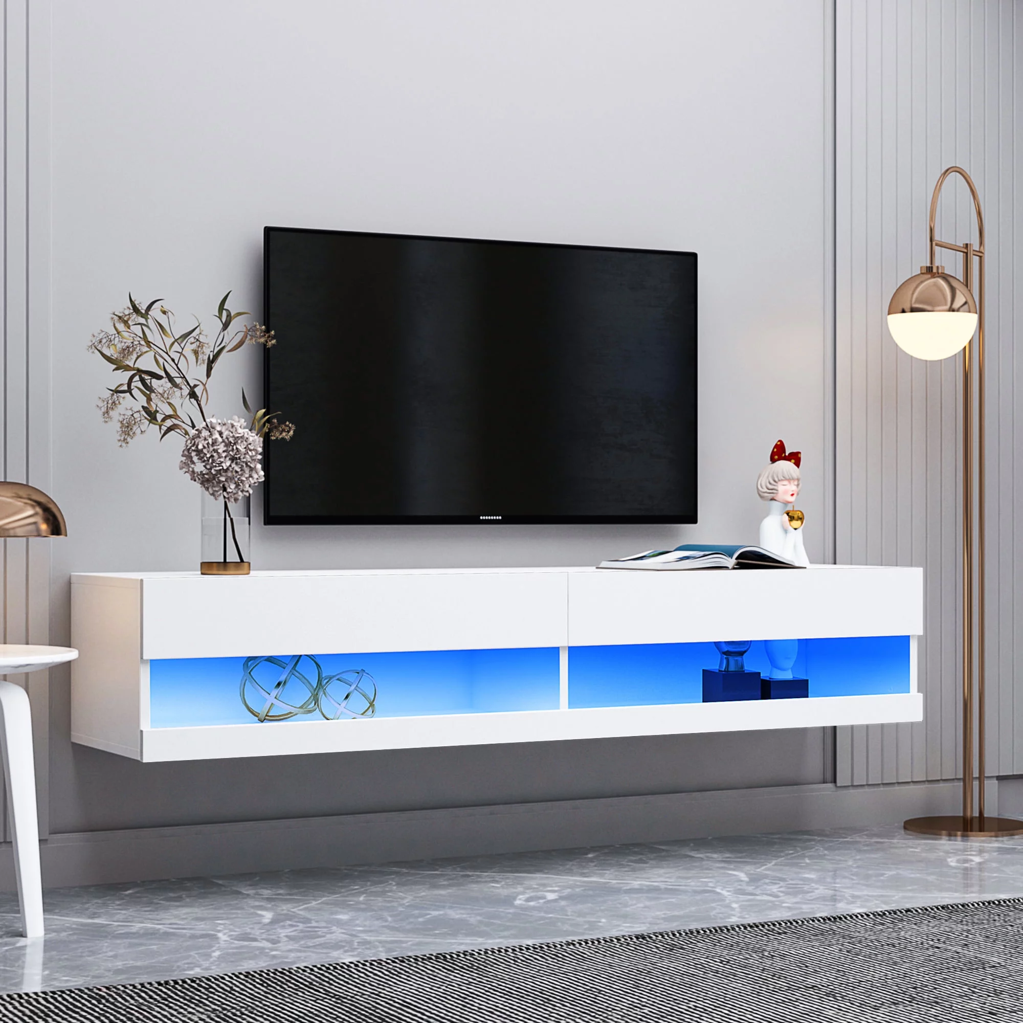 180 Wall Mounted Floating 80" TV Stand with 20 Color LEDs White Entertainment Center TV Console Storage Cabinets for Living Room Bedroom