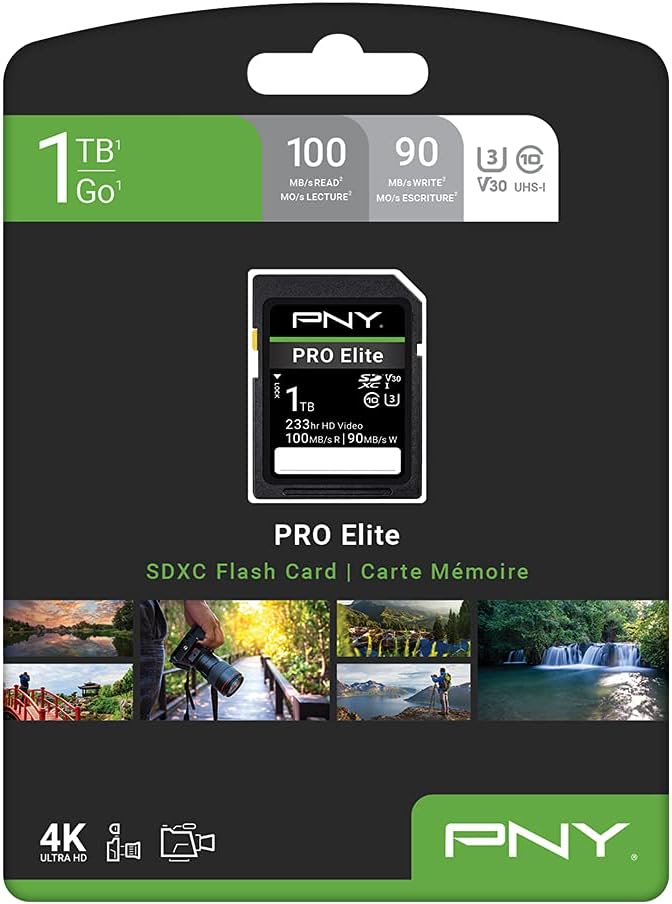 PNY 1TB PRO Elite Class 10 U3 V30 SDXC Flash Memory Card - 100MB/s, Class 10, U3, V30, 4K UHD, Full HD, UHS-I, Full Size SD