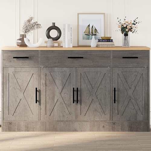 Shintenchi Buffet Cabinet with Storage,53.4" Large Kitchen Storage Cabinet with 3 Drawers and 4 Doors