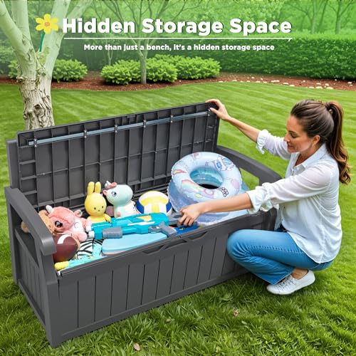 Greesum 80 Gallon Outdoor Storage Bench, Resin Patio Furniture with Armrest,Waterproof and UV-Resistant, Perfect to Garden, Poolside and Lawn
