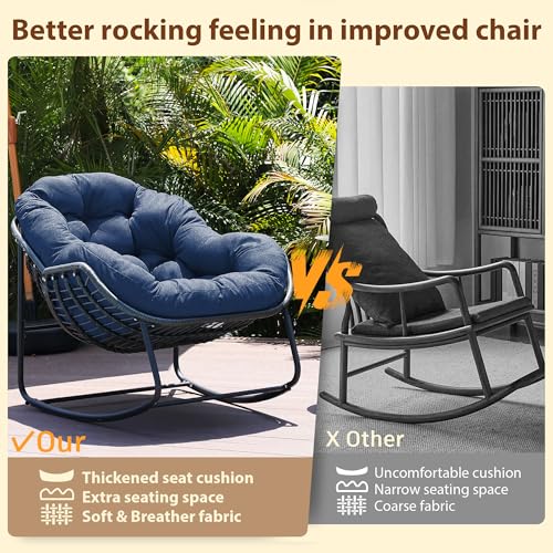 Outdoor Indoor Rocking Chair, Patio Wicker Egg Chair, Indoor & Outdoor Comfy Oversized Papasan Chair with Padded Cushion