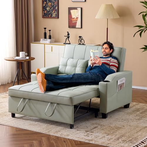 VINGLI Light Green Futon Sofa Bed Convertible Loveseat Sleeper Couch, Faux Leather Pullout Sofa Fold Out Couch Bed with USB Ports, Cup Holders