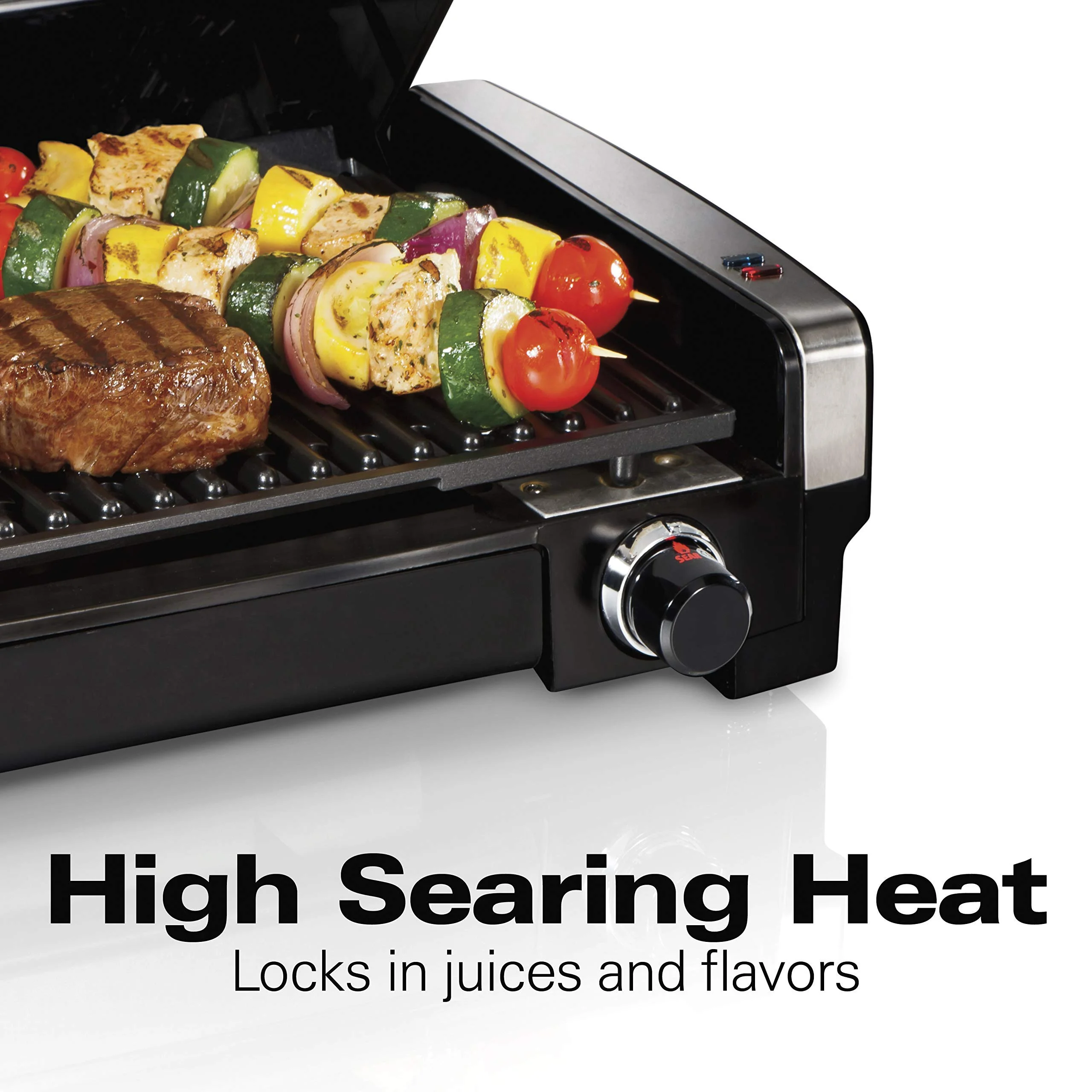 Hamilton Beach Electric Indoor Searing Grill with Adjustable Temperature Control to 450F, Removable Nonstick Grate, 118 sq. in. Surface Serves 6