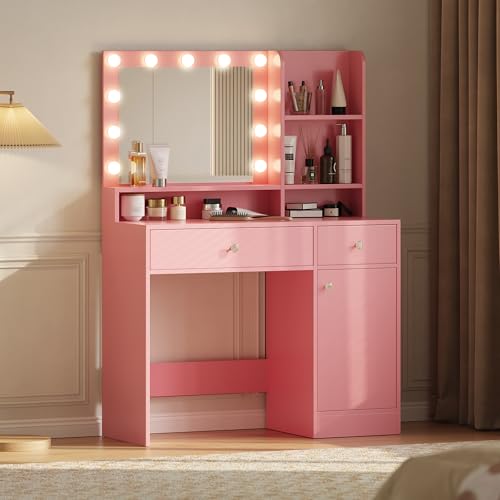 Vanity Desk with Mirror and Lights, Diamond Edition Vanity Desk, Makeup Vanity Table with 3 Drawers & 5 Open Shelves