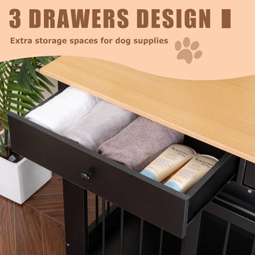 Sunseen Dog Crate Furniture Large Breed Wooden Dog Kennel with Room Divider & 3 Drawer