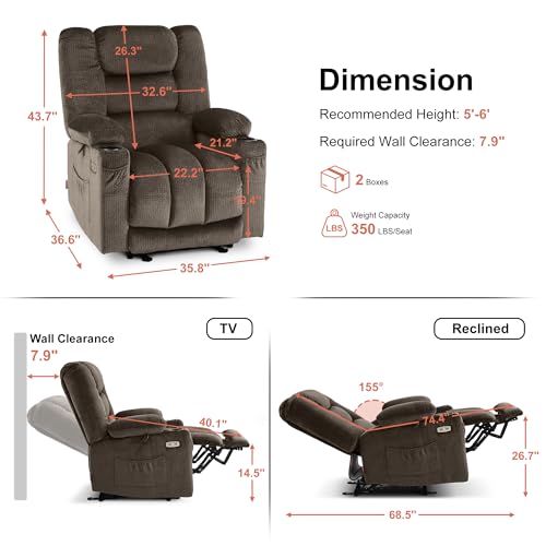 MCombo Zero Gravity Power Recliner Chair with Heat and Vibration Massage, Reclining Chair with USB & Type C Ports, Cup Holders for Living Room