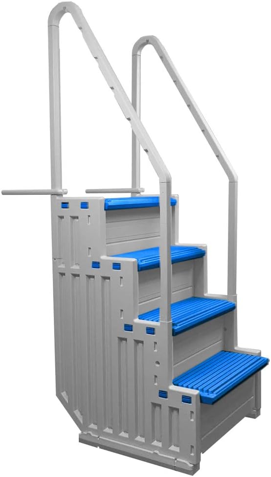Confer Plastics Above Ground Swimming InPool Step & Ladder | Heavy Duty | White Frame with Blue & Gray Steps | Deck Height Up to 60 Inches | Enter &