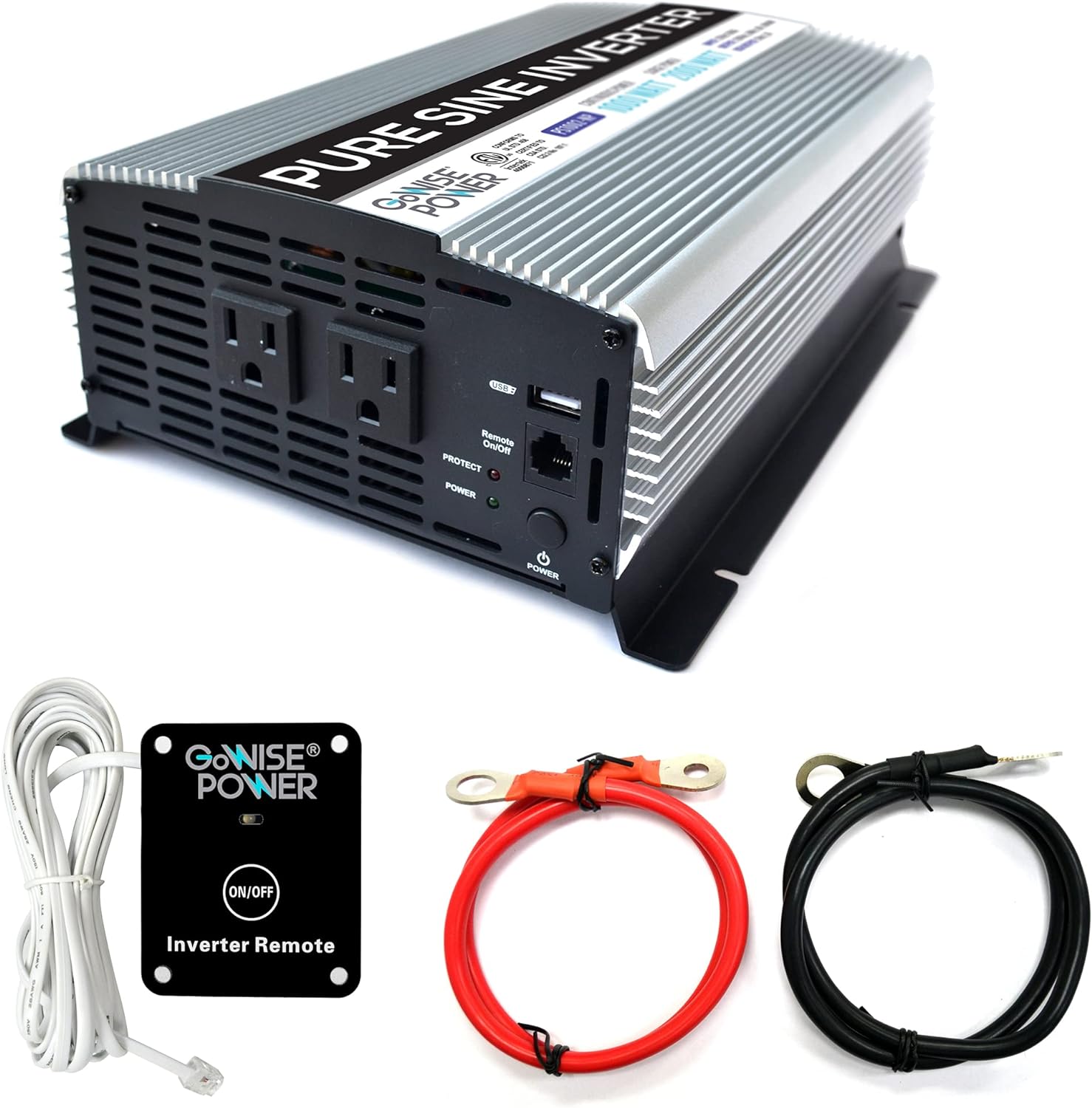 GoWISE Power 1000W Pure Sine Wave Inverter 12V DC to 120V AC with 2 AC Outlets + 1 5V USB Port, 2 Battery Cables