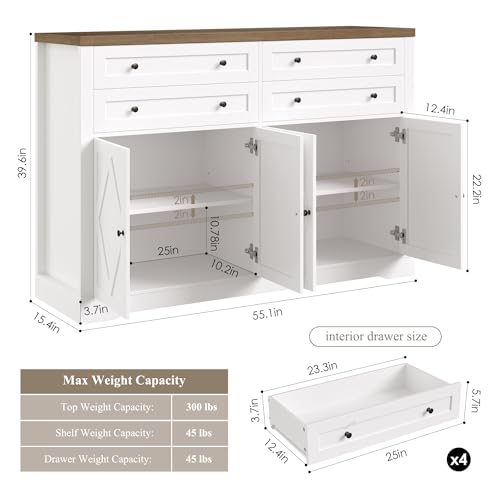 HOSTACK 55" Coffee Bar with 4 Large Drawers, 40" Tall Buffet Cabinet with Storage, Kitchen Storage Cabinet, Modern Farmhouse Sideboard Buffet