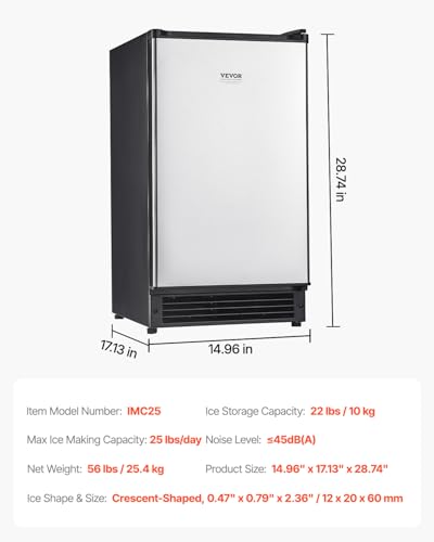 VEVOR Under Counter Ice Maker Machine, Crescent Ice, 25 Lbs/Day Stainless Steel Built in Ice Maker with Reversible Door