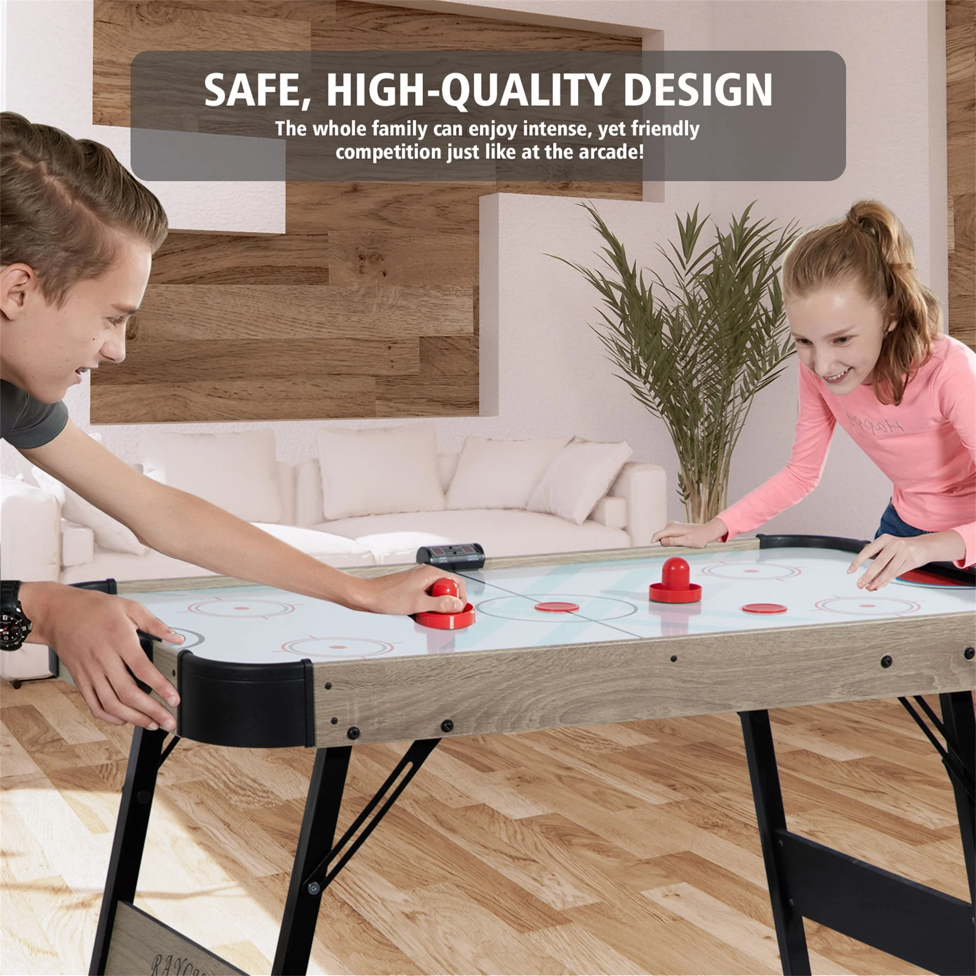 RayChee 48in Foldable Air Powered Hockey Table for Home Game Room w/ 2 Pucks, 2 Pushers, LED Scoreboard, 12V Motor (Oak)