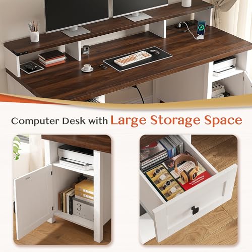 EnHomee Farmhouse Office Desk with Drawer & Power Outlets, Wood Computer Desk Monitor Stand for Bedchamber Study