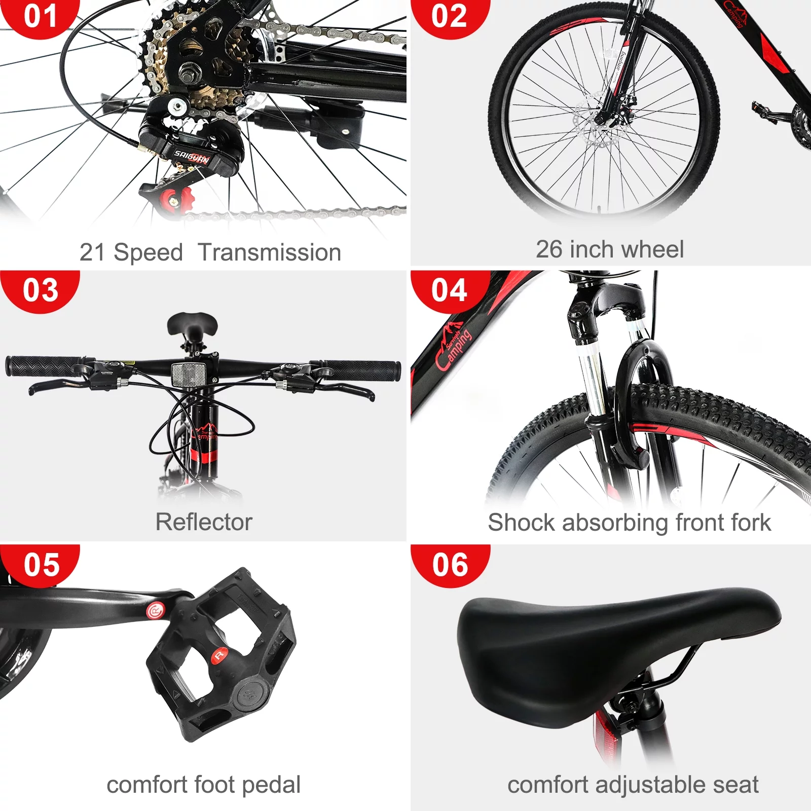 Ktaxon 21 Speed 26" Wheel Riding Mountain Bike, Steel Frame Trail Road Bicycle, Black/Red