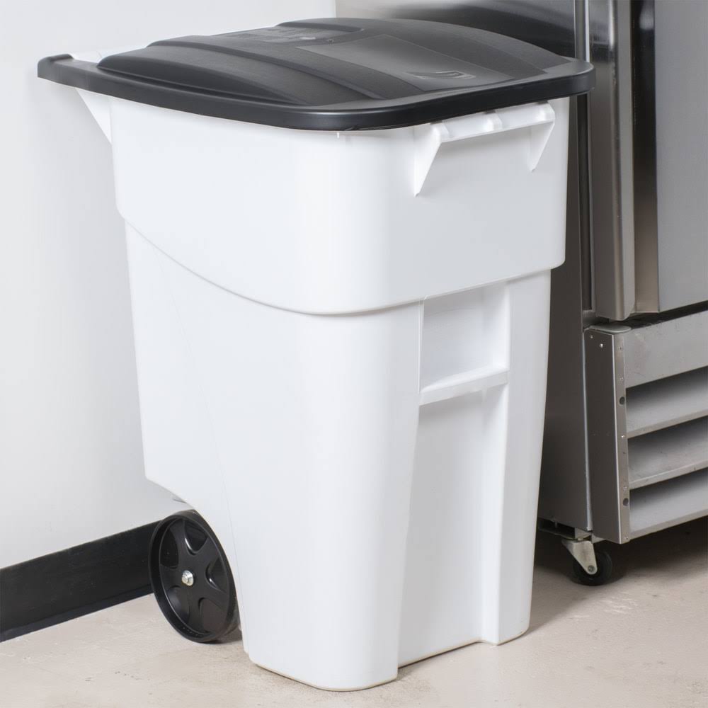 Rubbermaid 1829410 Brute 50 Gallon White Rollout Trash Container with Lid