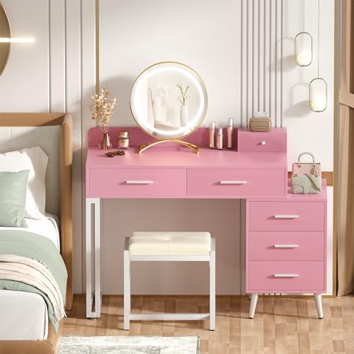 White Vanity Desk with Mirror and Lights, Modern Makeup Vanity Table Set with 6 Storage Drawers and Cushioned Stool for Bedroom