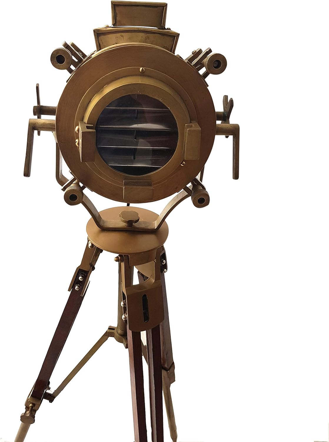 Vintage Antique Hollywood Theater Marine Searchlight Nautical Wooden Brown Tripod Handmade Brass Floor Lamp Retro Spotlight
