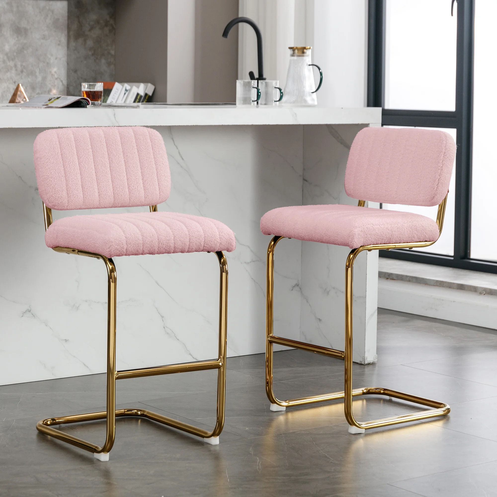 Mid-Century Modern Counter Height Bar Stools for Kitchen Set of 2, Armless Bar Chairs with Gold Metal Chrome Base for Dining Room