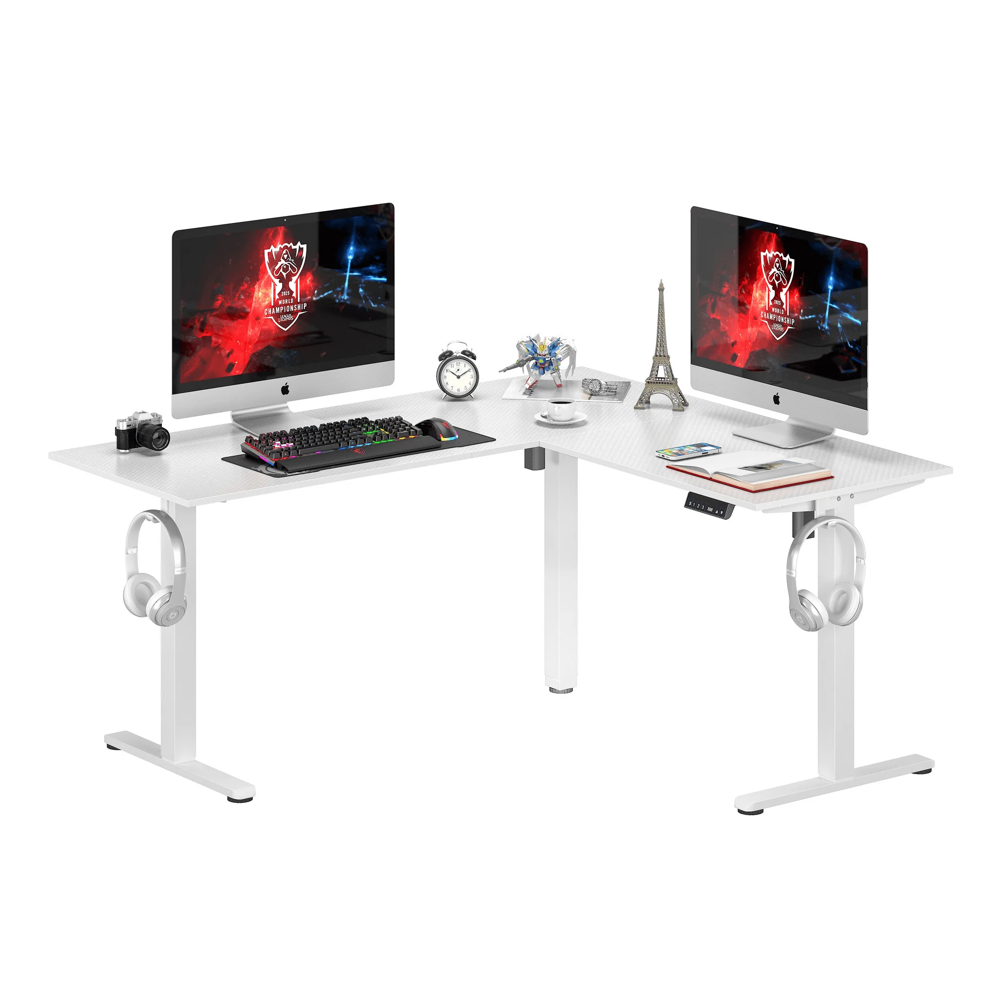 Bestier L-Shaped Standing Desk 63" x 55.1" Electric Stand Up Height Adjustable Home Office Table Computer Workstation in Carbon Fiber White