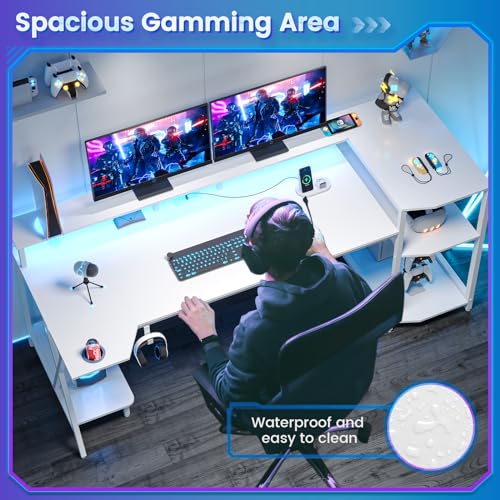 SEDETA Gaming Desk 70.8'' with LED Lights and Storage Shelves, Computer Desk with Monitor Stand, Power Outlets and Cup Holder, Large PC Gamer Desk