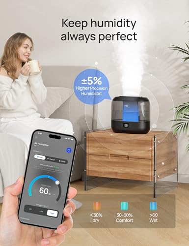 Dreo Smart Humidifiers for Bedroom, Top Fill 4L Cool Mist Humidifier with Nightlight, 32H Runtime, Touch/APP/Voice Control