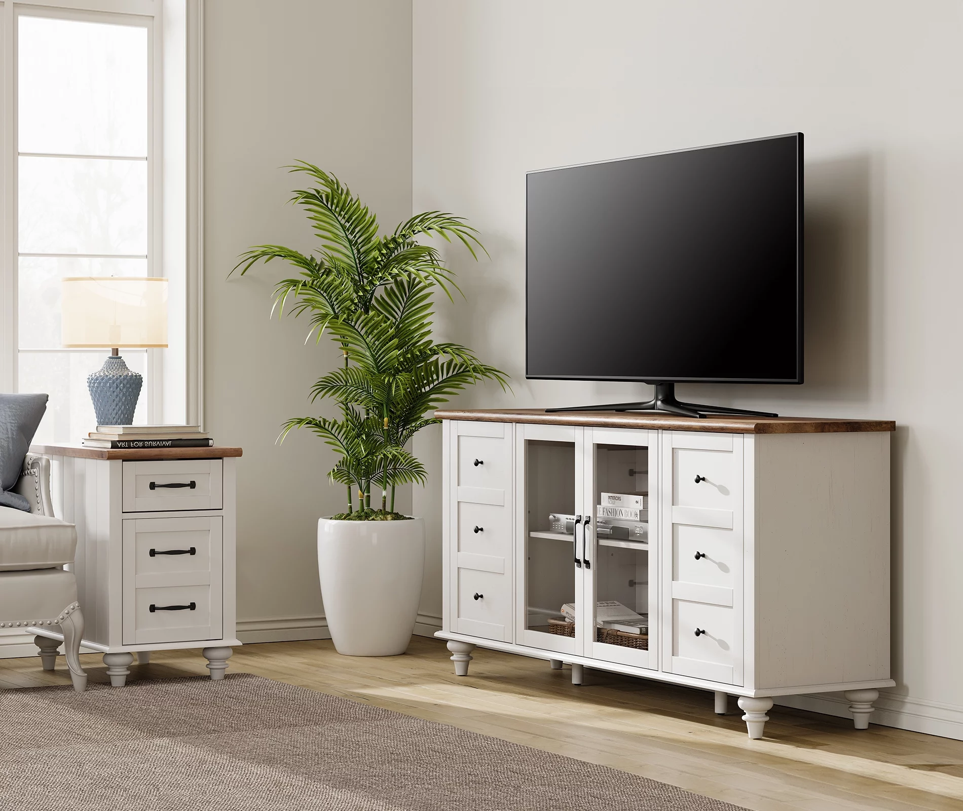 WAMPAT 4-Door Farmhouse TV Stand for TVs Up to 65 inch,Glass and Wood Universal TV Stand with 4 Storage Cabinets