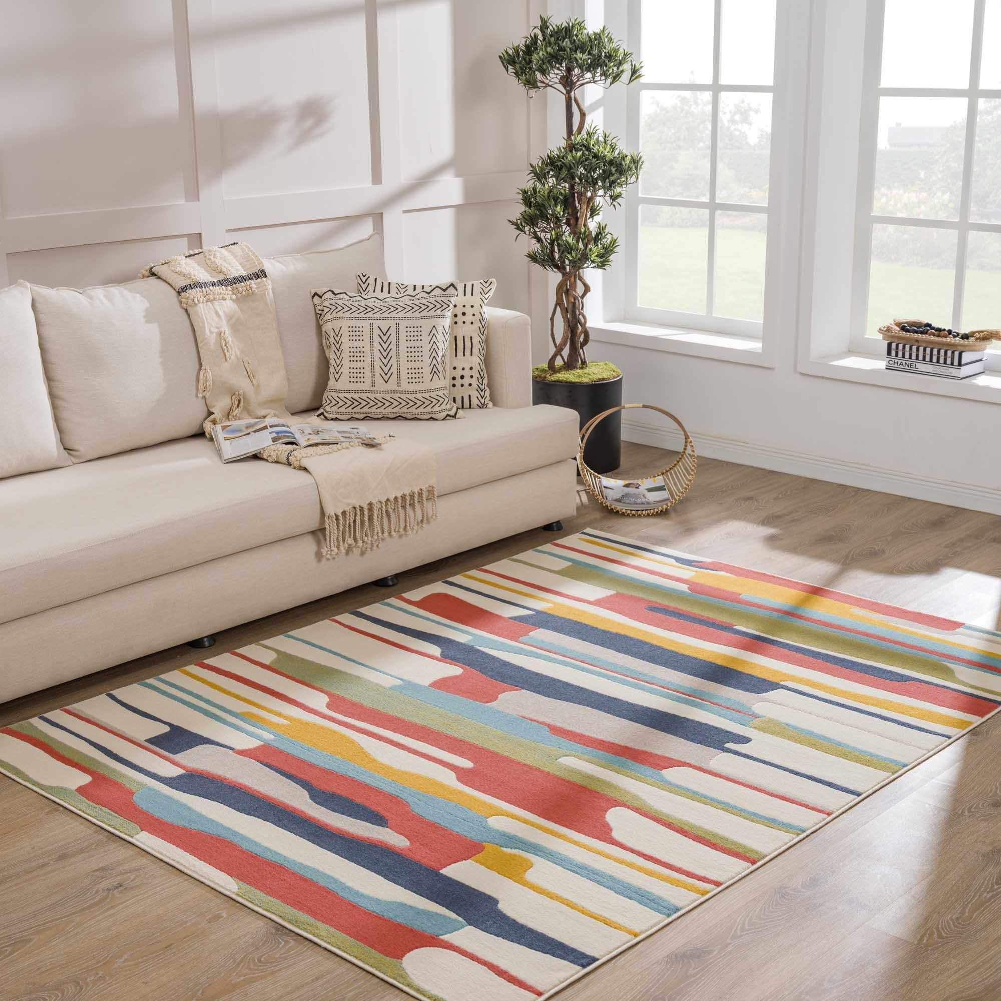 Southfields Modern Farmhouse Contemporary Living Room Bedroom Kids Room Multicolor Area Rug - Colorful Rainbow Striped Modern Rug Carpet - Red