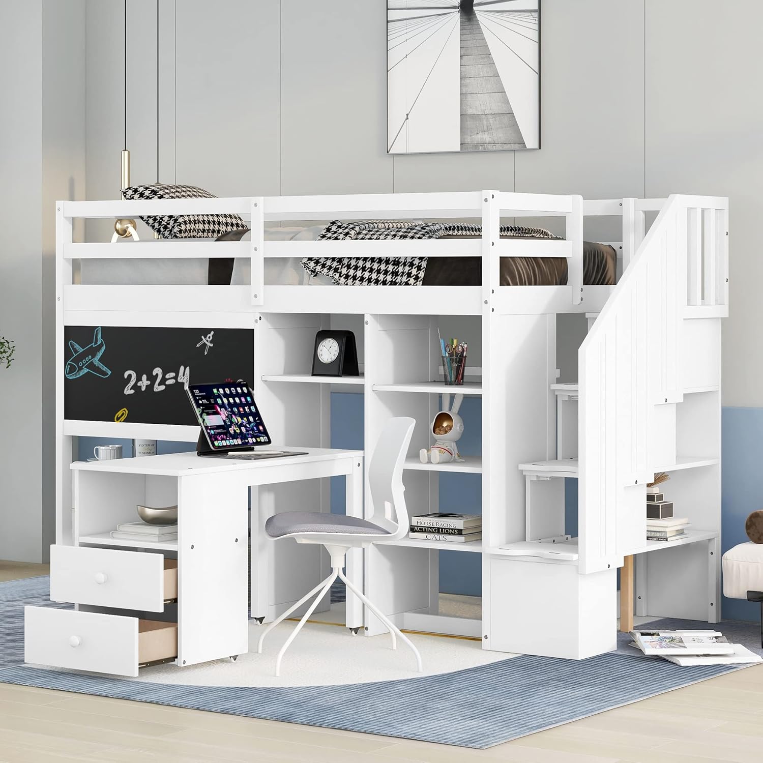 Harper & Bright Designs Twin Size Loft Bed with Stairs and Desk, Solid Wood Loft Bed with Storage Shelves and Blackboard