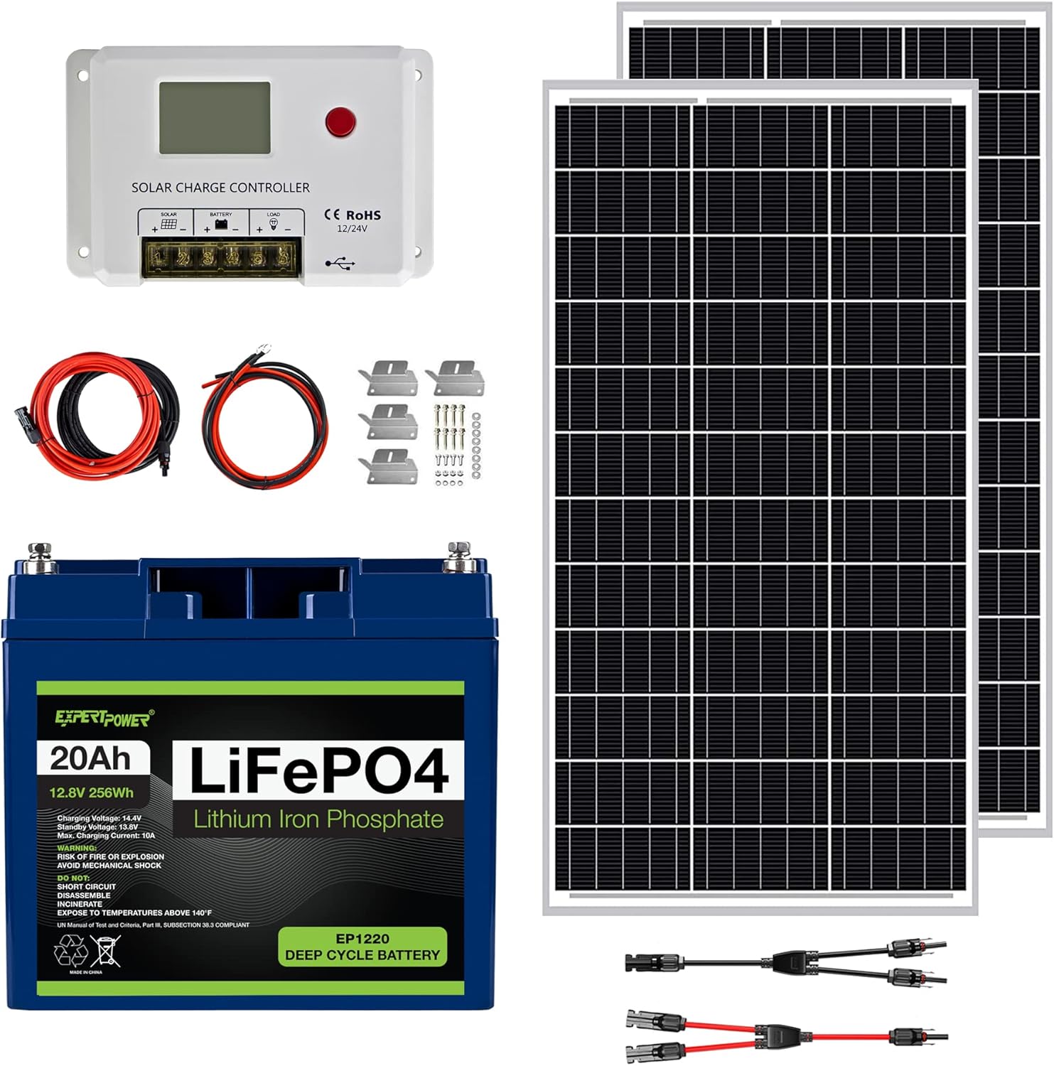 ExpertPower 200W 12V Solar Power Kit | 200W Mono Rigid Solar Panels, 20A MPPT Solar Charge Controller | RV, Trailer, Camper, Marine, Off Grid