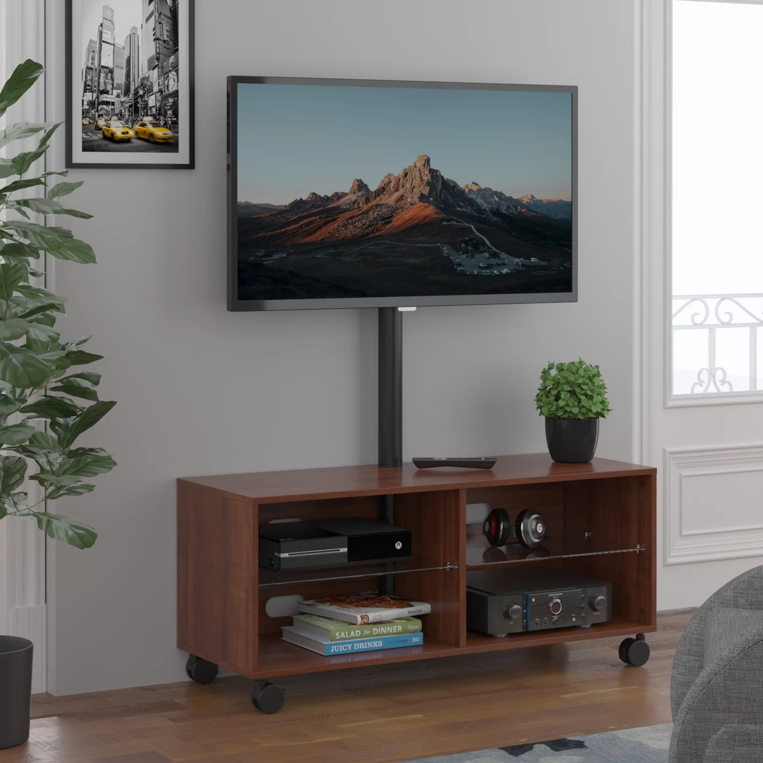 YOMT Wood Storage TV Stand with Mount for TVs up to 65" Rolling Wheels Brown