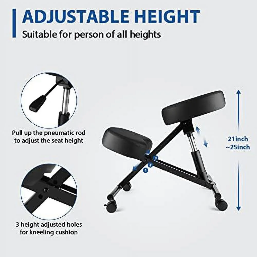 Ergonomic Office Kneeling Chair  Height Adjustable Stool with Thick Foam Cushions and Smooth Gliding Casters to Improve Posture and Relieve Pain