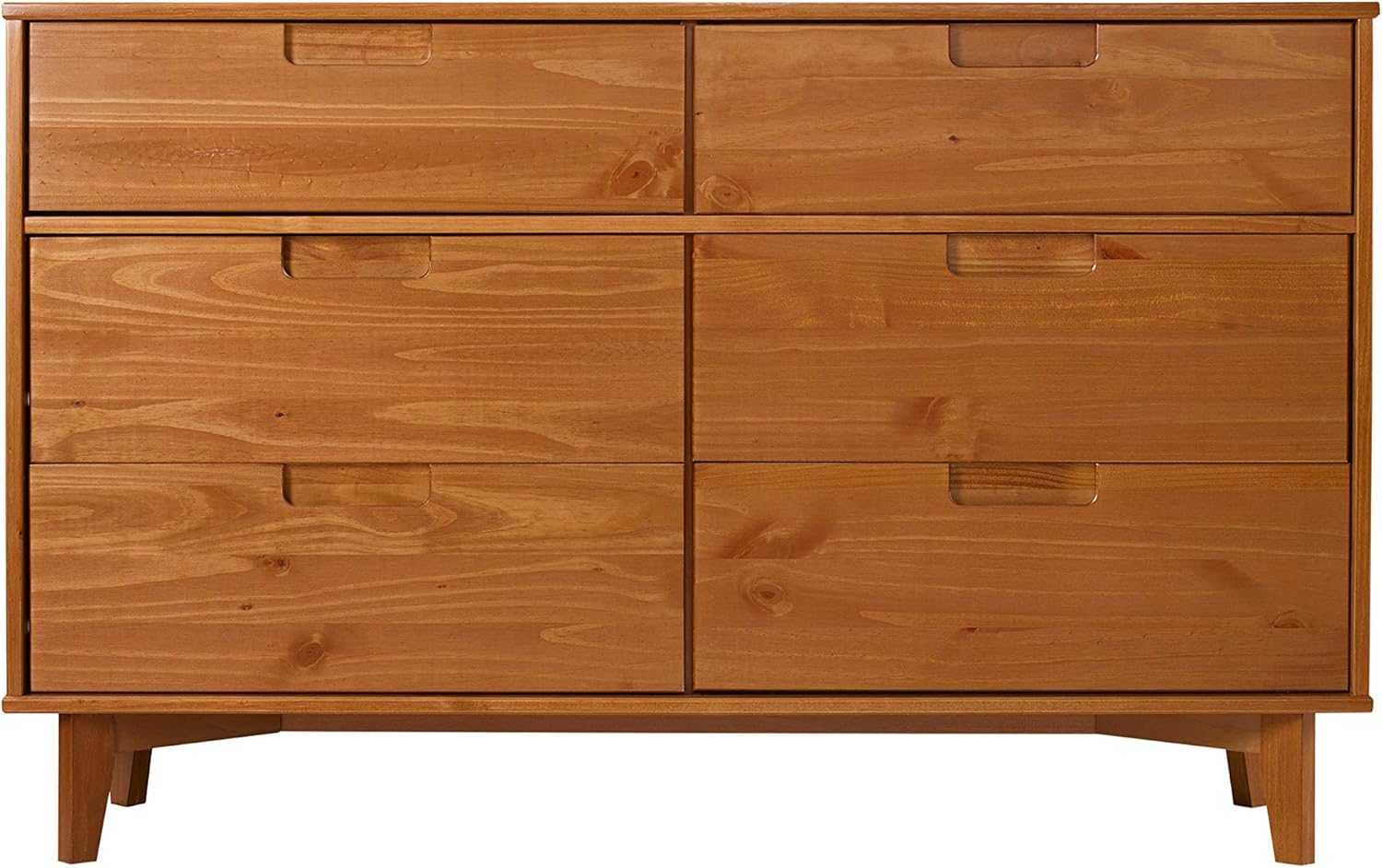 Walker Edison Mid Century Modern Grooved Handle Wood Dresser Bedroom Storage Drawer Organizer Closet Hallway, 6 Drawer, Caramel