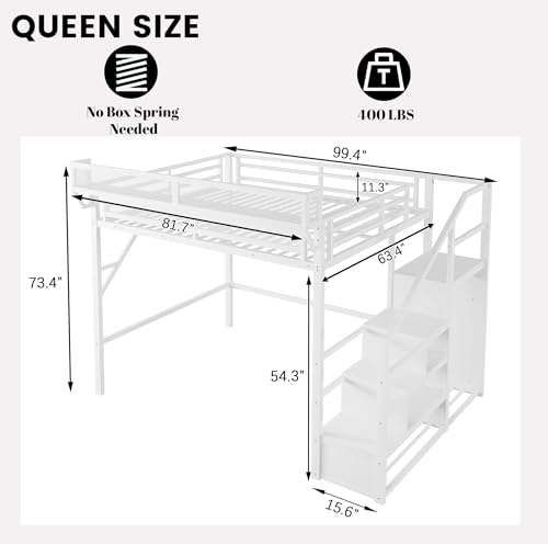 Full Size Loft Bed with Desk and Stairs, Heavy-Duty Steel Loft Bed Frame with Wardrobe & LED Light