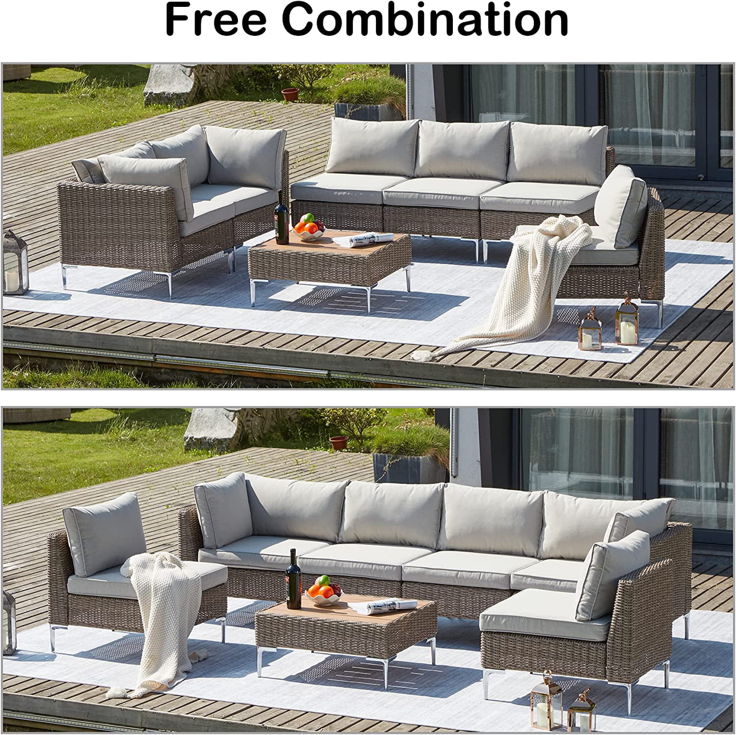 Homrest 7 Piece Patio Furniture Set Outdoor Sectional Sofa Conversation Set Half-Round Rattan Wicker Outdoor Furniture Set with Soft Cushion for