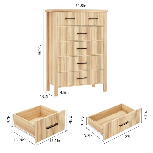 Fluted 6 Drawers Dresser for Bedroom, Tall Boho Chest of Drawers with Metal Handle, Wooden Closet Clothes Storage Organizer for Living Room