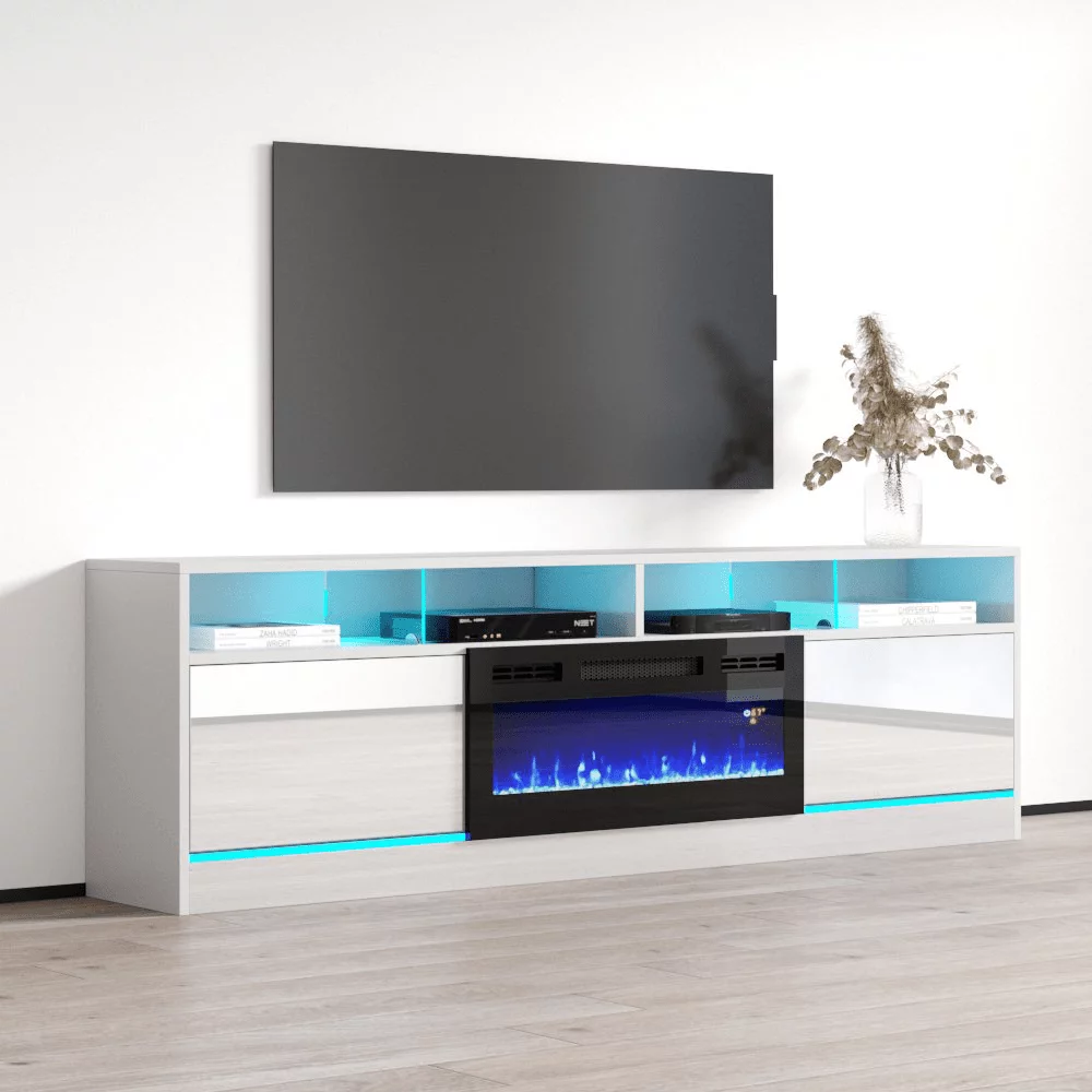 Disparo BL-05 Fireplace TV Stand for TVs up to 90", Modern High Gloss 79" Entertainment Center