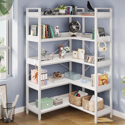 Rolanstar Bookshelf 5 Tier with 4 Hooks, Reversible Corner Bookshelf
